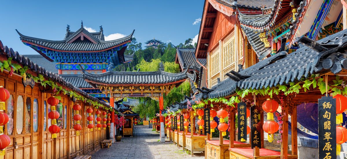 Street decorated with traditional red lanterns, Lijiang, China
