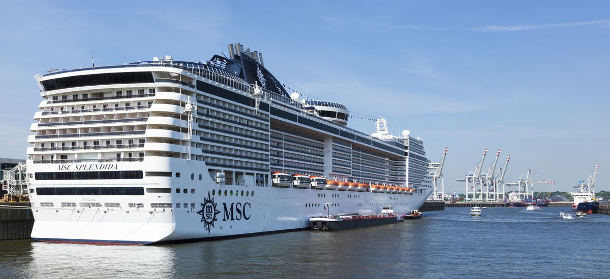 Hamburg, Germany - May 19, 2016: Cruise ship MSC Splendida at Steinwerder terminal in the port of Hamburg, where it is refueled by a supply vessel.