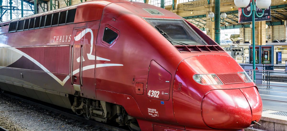 Paris, France - April 6, 2018: View of the head of a Thalys high-speed train, developed by Alstom and run by the european consortium Thalys International, stationed in the Gare du Nord station.