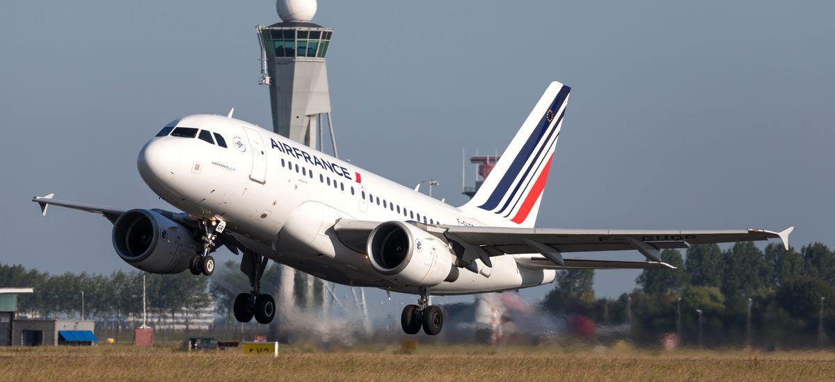 VIJFHUIZEN, THE NETHERLANDS - June 28, 2019: French Air France Airbus A318-100 with registration F-GUGR just airborne at Amsterdam Airport Schiphol.