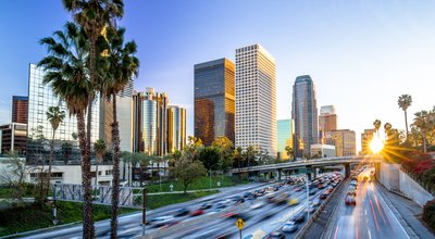 Los Angeles downtown buildings skyline highway traffic