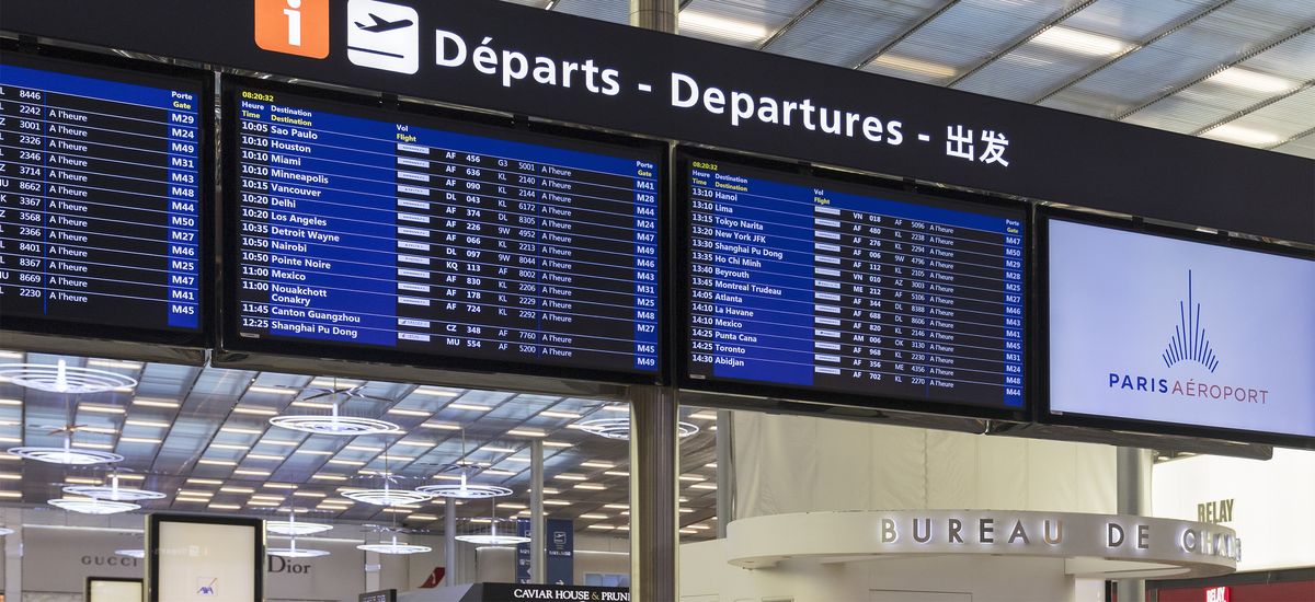 PARIS, FRANCE - NOVEMBER 4, 2018: Flight departures timetable at the Paris Charles de Gaulle Airport, one of the principal aviation centres of the world and the principal hub for Air France.