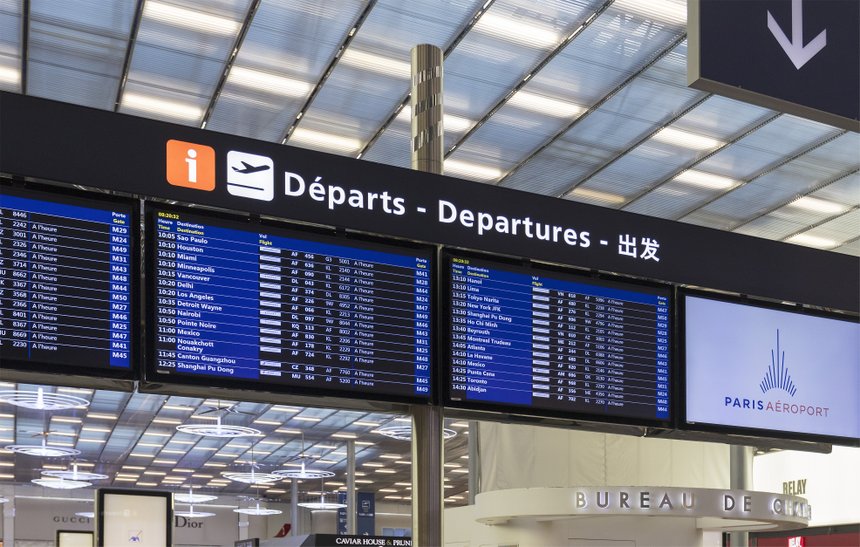 PARIS, FRANCE - NOVEMBER 4, 2018: Flight departures timetable at the Paris Charles de Gaulle Airport, one of the principal aviation centres of the world and the principal hub for Air France.