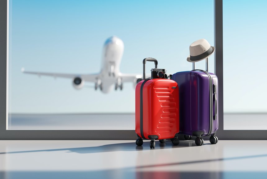 Suitcases in airport. Travel concept. 3d rendering