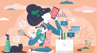Multitasking busy mom at home concept, vector illustration tiny 