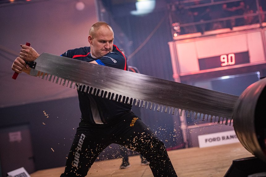 Pierre Puybaret of France compete during the STIHL TIMBERSPORTS® World Championship in Munich, Germany on October 3, 2021.