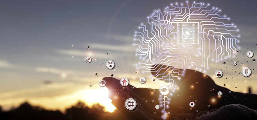 Hand holding human head with a line brain network technology for