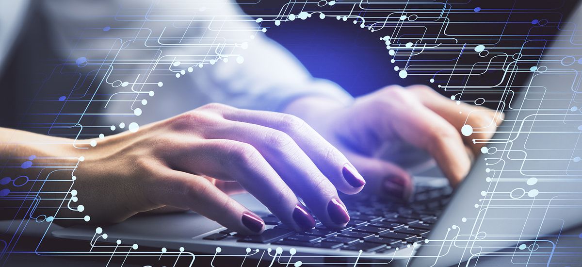 Multi exposure of woman hands working on computer and data theme