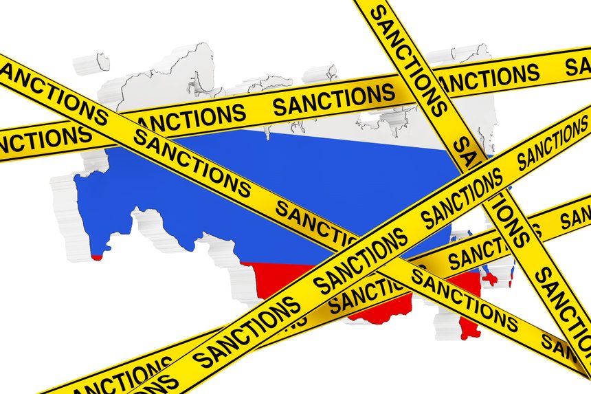 Russia Sanctions Concept. Yellow Tape with Sanctions Sign Agains