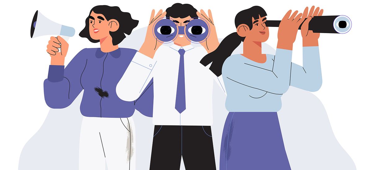 Man with binoculars, women with loudspeaker and spy glass. Conce