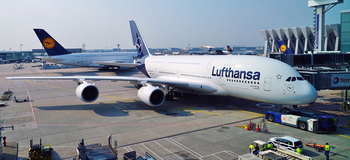 FRANKFURT, GERMANY -14 APR 2019- View of an Airbus A380 airplane