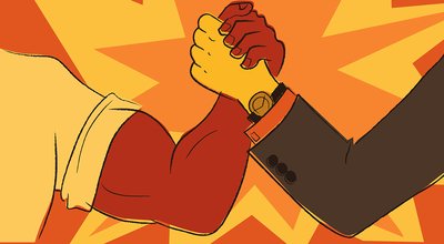 Worker and businessman arm wrestling, EPS8 vector illustration i