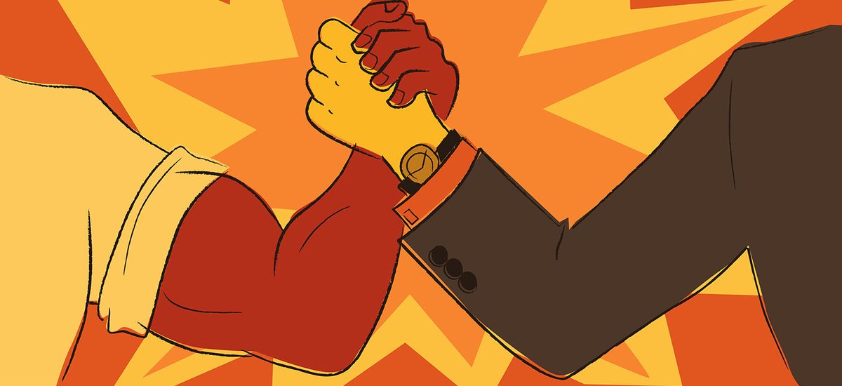 Worker and businessman arm wrestling, EPS8 vector illustration i
