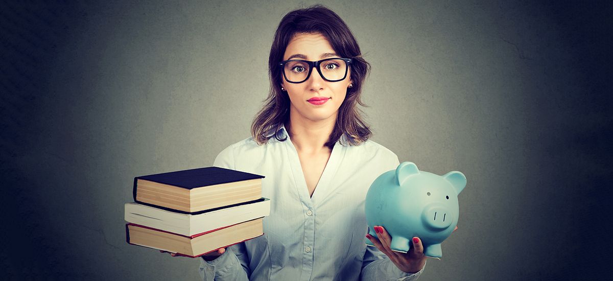 woman with stack of books and piggy bank full of debt rethinking