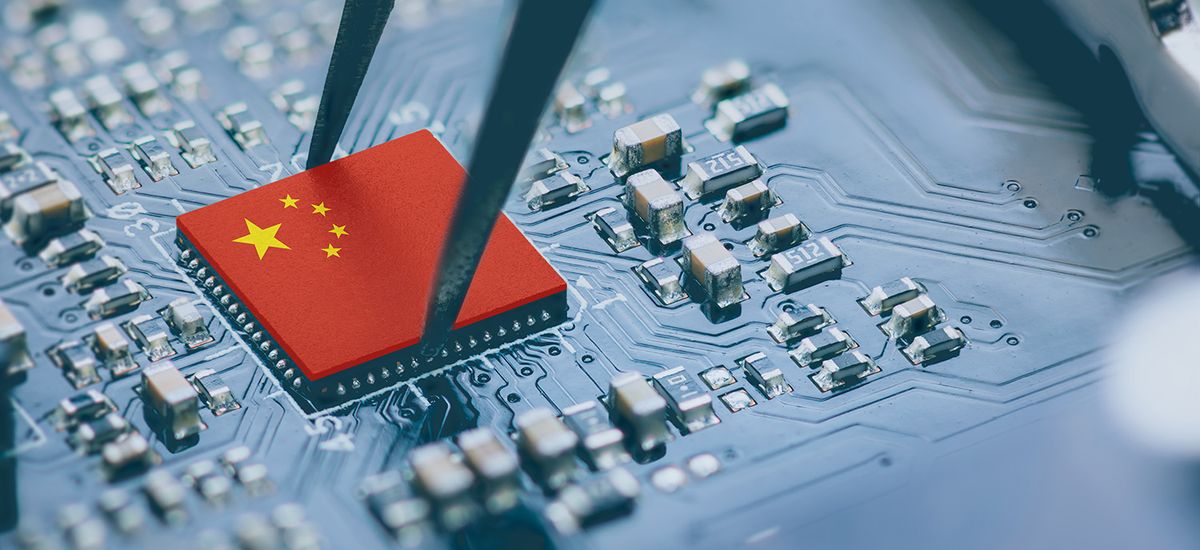 Flag of China on a processor, CPU Central processing Unit or GPU