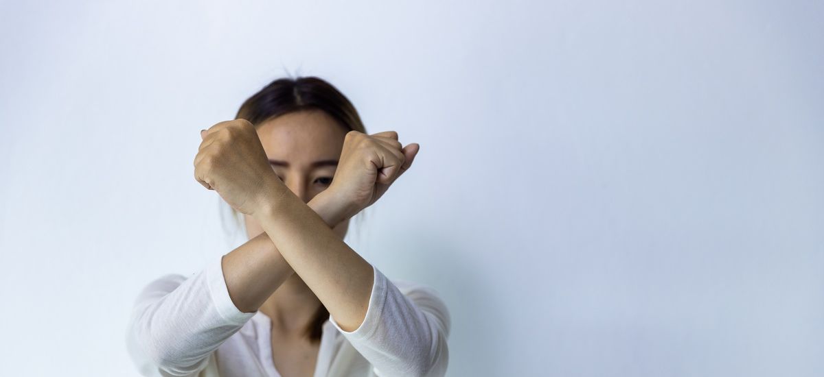 Woman raised her hand for dissuade, Sexual abuse , Stop violence