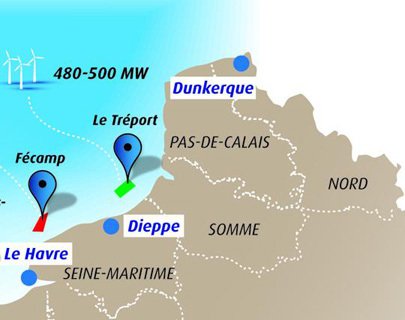 Le projet Dieppe-Le Tréport prévoit 62 éolienne de 8 MW © Medde