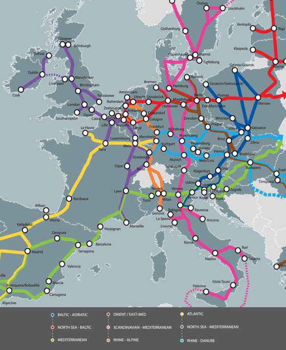 Les réseau transeuropéen de transport (RTE-T) compte neuf corridors prioritaires