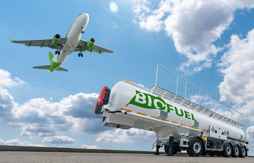 Airplane and biofuel tank trailer. Decarbonization concept