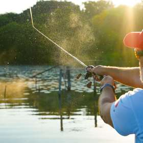 Pêche du black-bass en été dans les Landes, sur l'étang d’Aureilhan