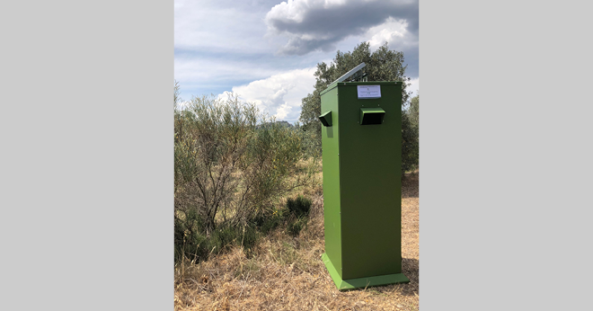 Installé à l’extérieur des parcelles, Pira a pour mission d’attirer les insectes précédemment déviés des parcelles grâce à la solution répulsive. Photo : Cearitis