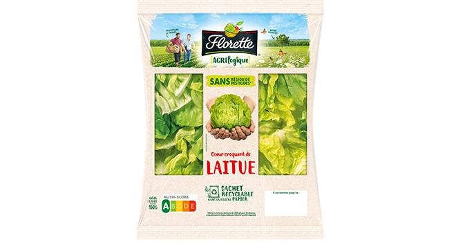 Le nouveau sachet de salade en papier recyclable de Florette sera déployé sur toutes les références de la gamme sans résidus de pesticides « Agrilogique » dès novembre 2021. Photo DR