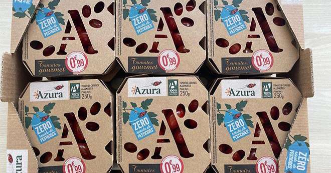 Depuis le 21 juin, Azura propose ses tomates cerises allongées « Zéro Résidu de Pesticides » dans des barquettes 100 % carton. Photo DR