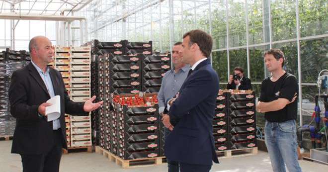 Emmanuel Macron a visité le Gaec de Roué, à Cléder (29), en présence de Marc Keranguéven, président de la Sica de Saint-Pol-de-Léon. CP : Sica