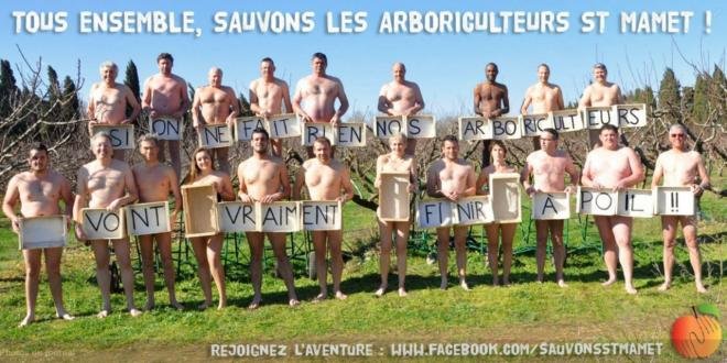 Déjà plus de 15 000 likes et 2 millions de personnes atteintes en seulement 4 jours pour la photo des arboriculteurs et arboricultrices (presque) à poil de Saint-Mamet, postée vendredi sur leur page Facebook. Photo : St-Mamet