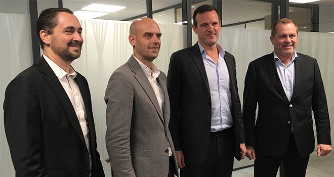 H.Sauvage/ Bioline Insurance veut assurer un million d'ha. De gauche à droite, Matthieu Denier, Antoine Poupart, Florian Dupuy et Laurent Martel, directeur de Bioline agriculture.