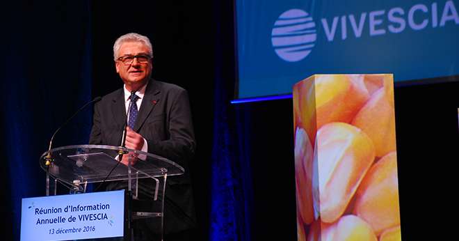 Pascal Prot lors de sa dernière intervention en tant que président du groupe coopératif Vivescia. Photo : M. Lecourtier/Pixel image