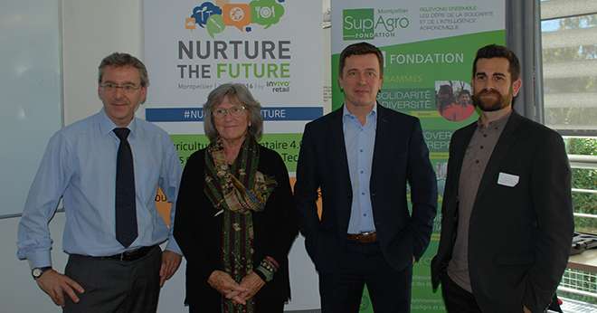 Yves Christol, DG de Néodis, Chantal Marion, vice-présidente de Montpellier Métropole, Frédéric Guyot, DG délégué de Gamm vert, et Pascal Peny, ‎directeur du service partenariats chez Montpellier SupAgro. Photo : A.Bressolier/Pixel Image