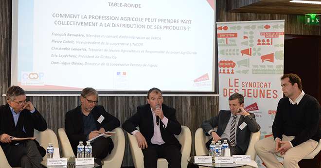 Dominique Olivier des Fermes de Figeac, François Beaupère de l'APCA, Pierre Cabrit d'Unicor, Éric Lepêcheur de Restau'Co, et Christophe Lenaerts des JA. Photo : M.Gagneux/Pixel Image