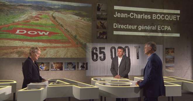 Sur le plateau de Cash investigation, Élise Lucet interroge Paul François, céréalier charentais et président de l'association Phytovictimes, et Jean-Charles Boquet, directeur général de l'ECPA. DR