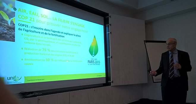 La filière engagée sur les enjeux environnementaux à la conférence de presse 2015 Unifa. Ici, le président d'Unifa Thierry Loyer. Photo : DR