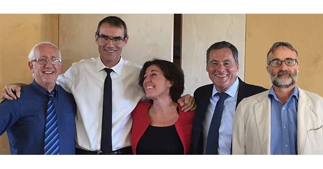 L’équipe de direction d’Auréa AgroSciences : Jacques Mathieu, Hubert Hroebroeck, Marie-Agnès Bourdain, Antoine Simon, et Christophe Lechevallier. Photo : DR