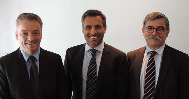 Didier Charrier (protection des cultures),Tiago Costa (grandes cultures) et Yann Fichet (affaires institutionnelles) Monsanto France. © A.Lavoisier/Pixel Image