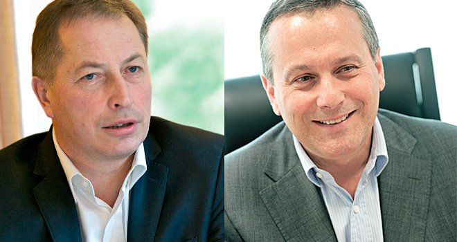 Photo: Euralis. Christian Pèes (à gauche), président d'Euralis et Pierre Couderc, directeur général: "le pôle alimentaire s’appuie sur le potentiel de ses marques pour accélérer son retour à la croissance".