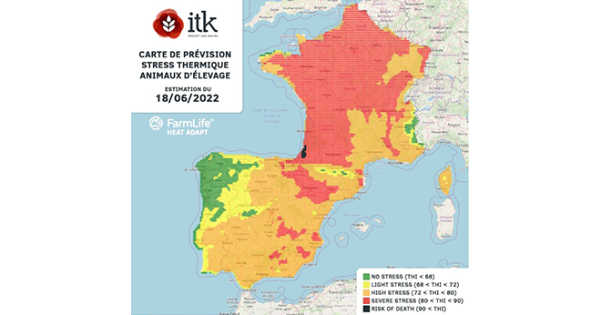 ITK predict and decide prévoit un risque de stress thermique pouvant aller jusqu'à la mort pour les animaux d'élevage, ce samedi 18 juin 2022. Crédit : ITK predict and decide