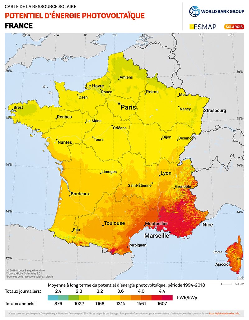 La France dispose du cinquième gisement d’énergie solaire européen. Source : Global Solar Atlas 2.0, Solar resource data : Solargis