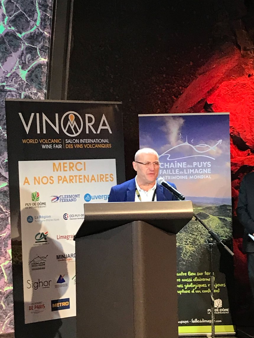 Pierre Desprat, lors de son discours pour le tout premier Salon Vinora en janvier 2020 à Vulcania. Photos&nbsp;: Audrey Domenach, Media et agriculture