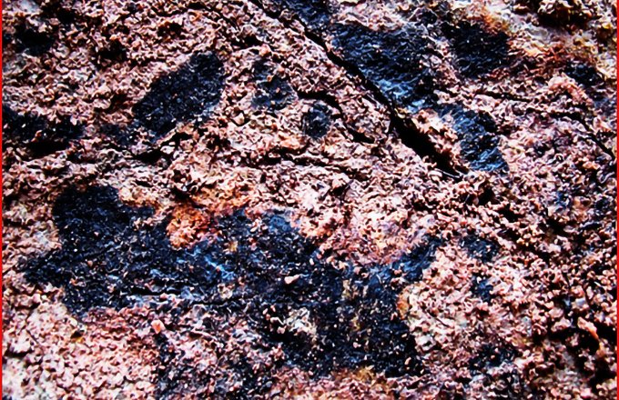 Ici, le manganèse (oxydé, donc noir), associé au fer,  a formé une accumulation dans un sol granitique.  Sous cette forme, il n’est pas biodisponible pour la vigne. Photo : Sigales