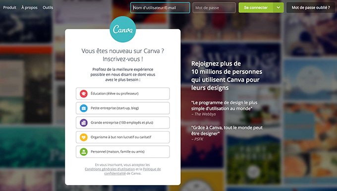 Capture d’écran de la plateforme Canva, un outil gratuit en ligne de design  de visuels divers et variés.