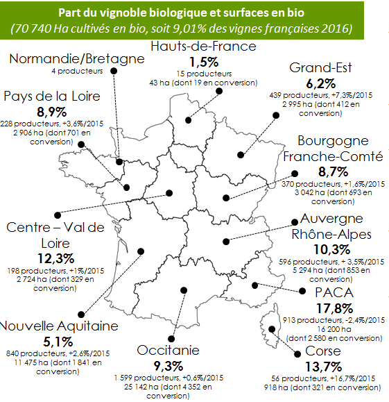 surface de vignes certifiées AB par région en France en 2016 (Agence Bio)