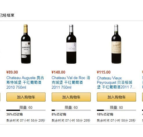 Le site Amazon propose des achats groupés (Tuangou en chinois) de vin. Le nombre de consommateurs chinois pouvant bénéficier de cette offre promotionnelle est limité. Pour le Château Auguste millésime 2010, le seuil est fixé à 60 acheteurs. Au moment de la saisie d’écran, réalisée par Hélène Hovasse de BusinessFrance Chine, l’objectif n’était atteint qu’à 35 % soient 21 acheteurs sur les 60 attendus. Il restait 7 heures pour que 39 autres acheteurs se manifestent. 