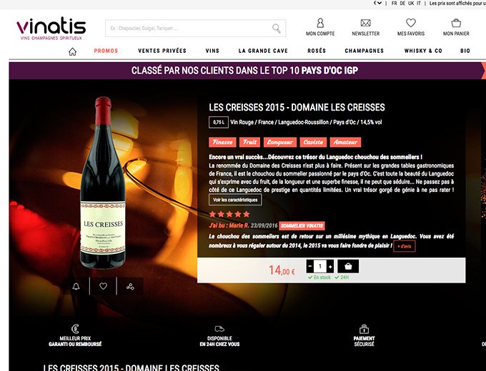 Les Creisses 2014, du domaine Les Creisses en vin de pays d’Oc IGP : classé par les clients de Vinatis dans le Top 10 !