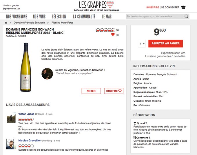Les membres et les ambassadeurs de la communauté Les Grappes peuvent laisser un avis et une note publics sur les vins achetés.