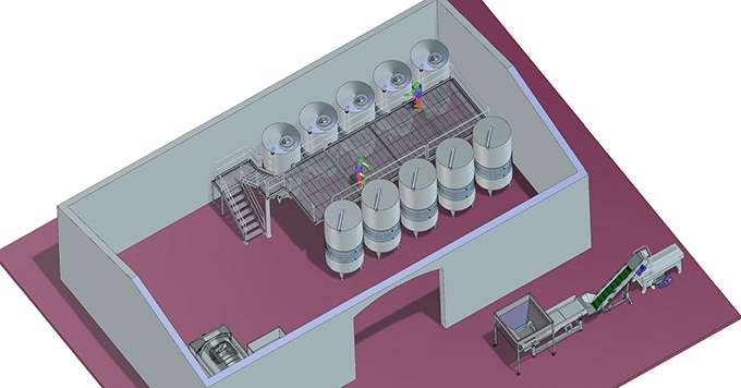 Exemple de plan 3D pour un projet de cave 100 % Della Toffola. En bas à droite, à l’extérieur du chai, se trouve la ligne de réception avec trémie de vidage des caisses à vendange, convoyeurs, égrappoir et pompe à marc. En bas à gauche, à l’intérieur, le pressoir. En haut, la cuverie avec ses escaliers et passerelles. Photos : DR