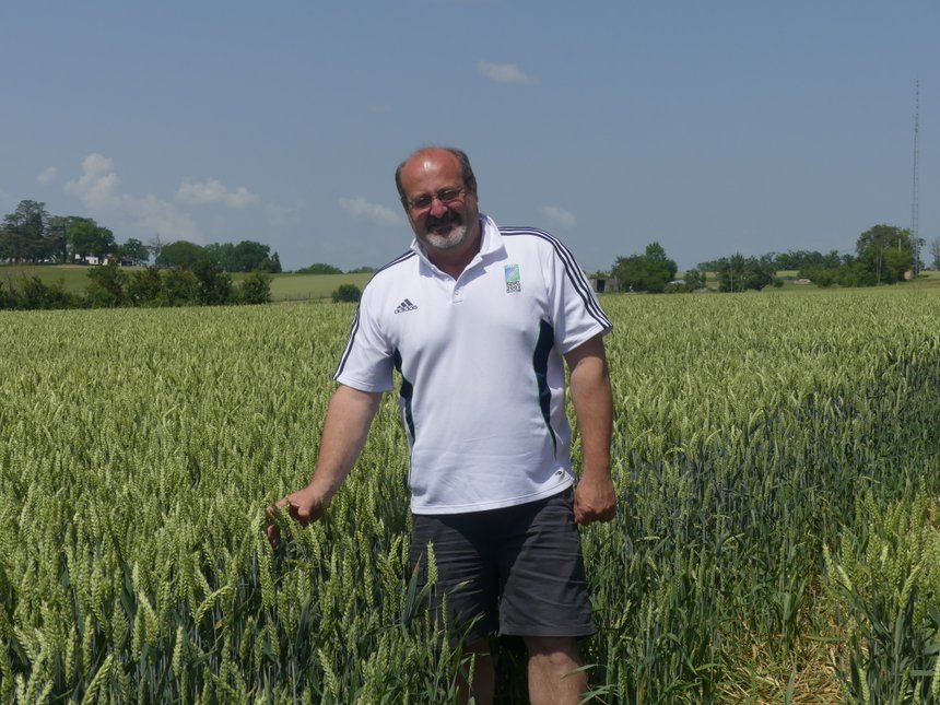 Christophe David cultive entre 10 et 15 ha de blé hybride depuis 2013. Crédit photo : A. Di Bella / pixel6TM