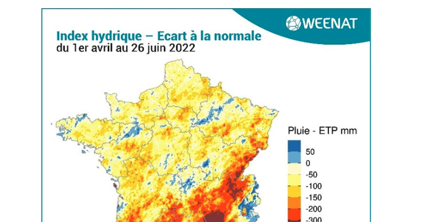 L’index hydrique correspond à la différence entre la pluviométrie et l’évapotranspiration potentielle. Crédit : Weenat
